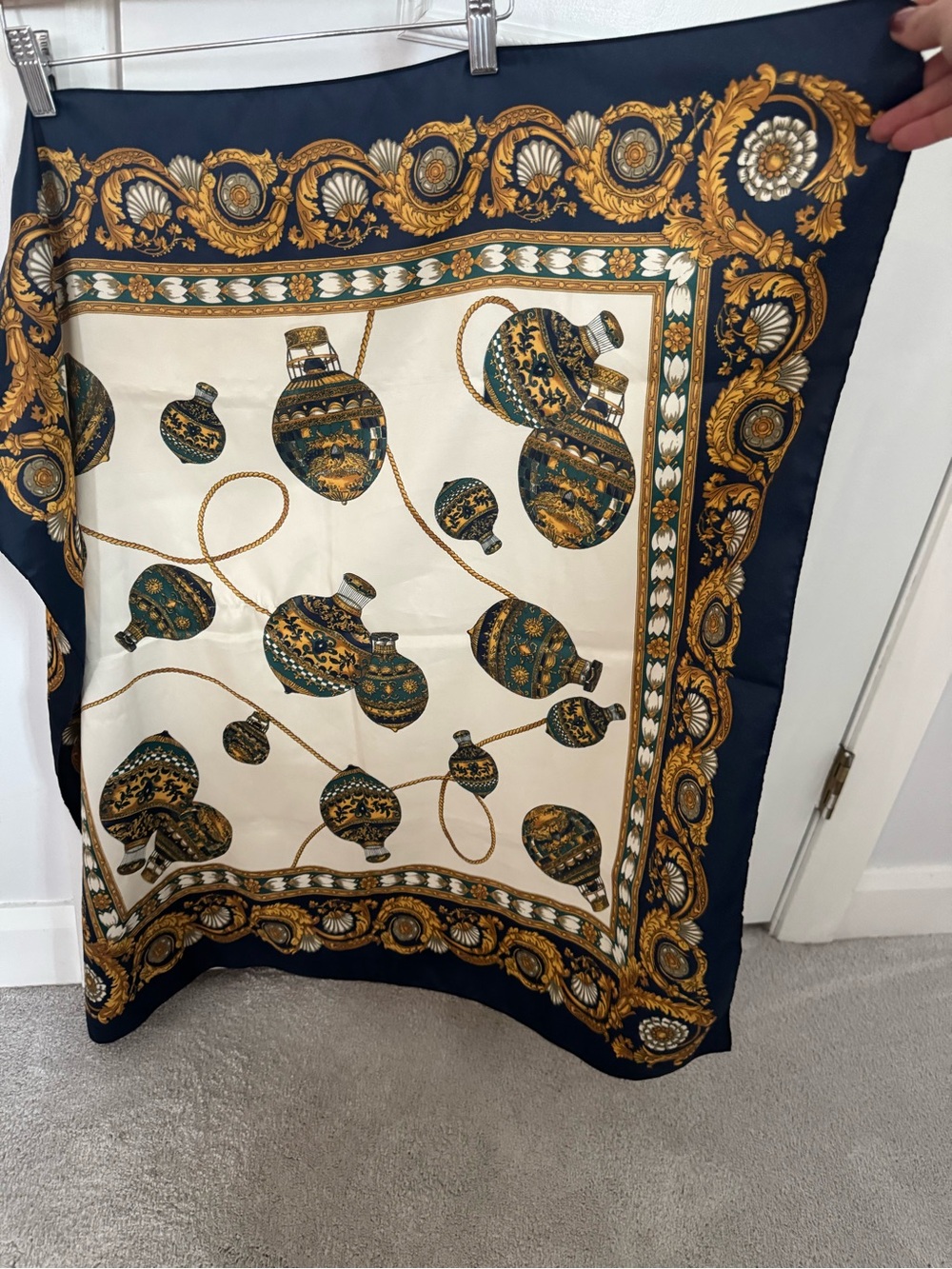 The Art of the Scarf by - Navy & Gold Silk Scarf